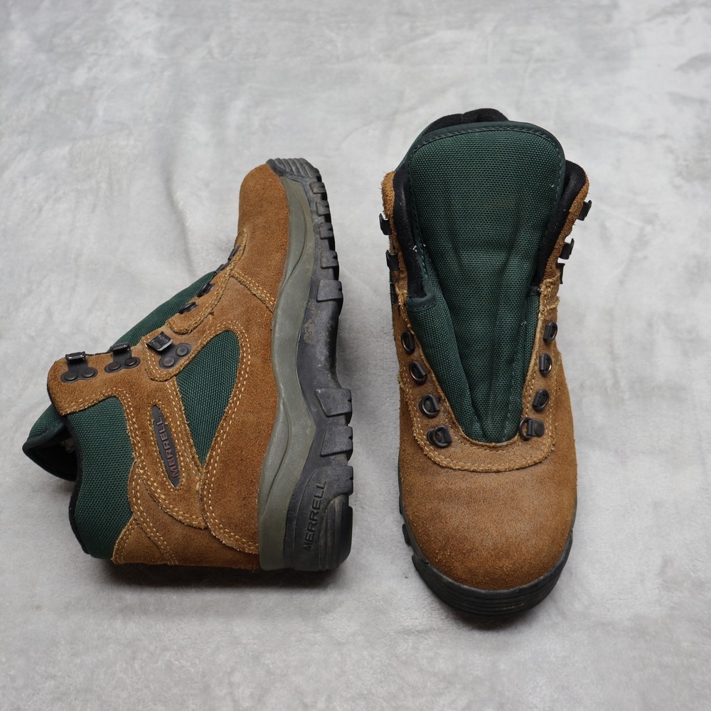 Merrell Women 8 Hiking Boots Brown Suede Canvas Gorpcore Rugged Outdoor VTG READ